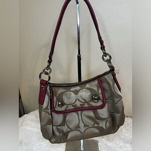 Coach Poppy Khaki Pink Sateen Hobo Shoulder HandBag Women Signature